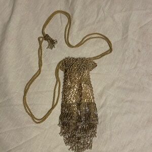 Beaded Drawstring Purse - Gold Pearl Silk and Crochet
